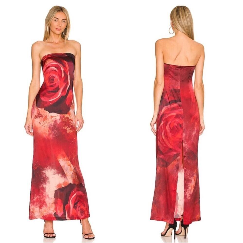 KIM SHUI Rose Strapless Silk Floral Tube Red Midi Gown Size Small